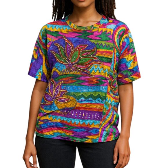 Vtg Sandy Starkman L Beaded Studded Multicolor T-Shirt Rainbow Artsy Statement - Picture 2 of 16